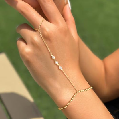 Gold Bracelets for Women, 14K Gold Plated Hand Chain Bracelet for Women Trendy Finger Ring Bracelet Hand Chain Dainty Adjustable Hand Chain Jewelry Gifts for Women - color: Cubic Zirconia