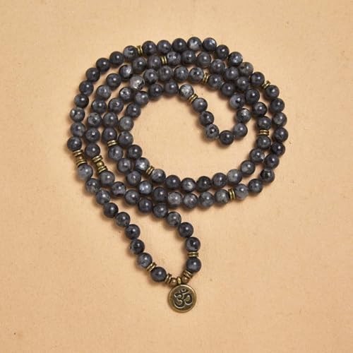 108 Natural Stone Mala Beads Yoga Jewelry Meditation Bracelet Necklace with om Charm - style: Labradorite