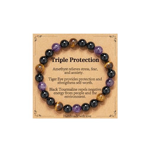 Healing Crystal Bracelet for Women, Natural Stone Beaded Healing Crystal Bracelet Triple Protection Stress Relief Beads Jewelry Birthday Gifts Jewelry for Her - style: Triple Protection-2