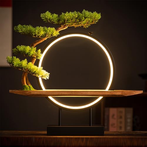 Wooden Buddha Altar Table with Green Artificial Tree and LED Circle Table Lamp, Tabletop Desktop Zen Decor with Spacious Wooden Tray, Small Buddha Statue Base for Decor(C) - color: C