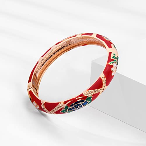 UJOY Classic Cloisonne Bracelets Enamel Jewelry Plated Bamboo Flower Cuff Metal Bangle for Women Gift Box - color: A127-Flower-Red