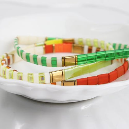 Tila Beaded Stretch Strand Bracelets for Women, Cute Boho Stackable Handmade Colorful Mixed Flat Square Beads Elastic Beach Surfer Bracelet Trendy Jewelry Friend Gift - color: 0901J
