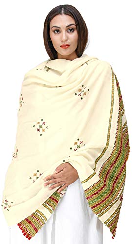Exotic India Shawl from Kutch with Embroidered Bootis and Mirrors - Wool - color: Vanilla Custard