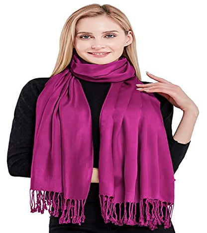 CJ Apparel Solid Color Tassels Design Nepalese Shawl Scarf Wrap Stole Throw Head Wrap Pashmina Gift Hand Made in Nepal New - color: Fuchsia Purple