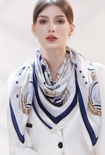 ANDANTINO 100% Silk Scarf 43" Large Square Lightweight Headscarf& Shawl–Women Hair Wraps-With Gift Packed - color: Nautical-blue&white