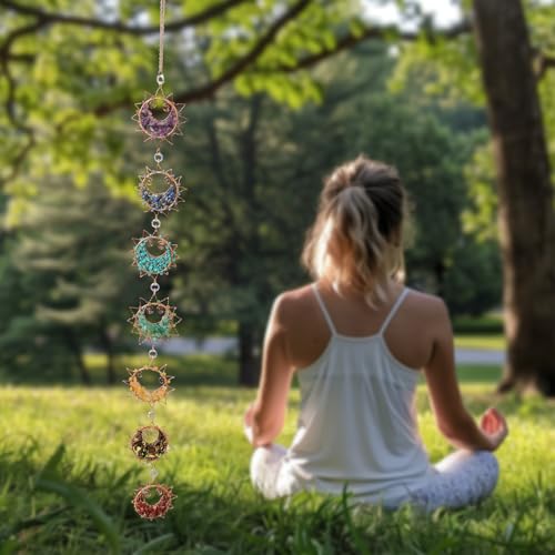 7 Chakra Healing Crystals Hanging Ornament，Handmade Sun Chakra Stones Natrual Gemstones Wall Hanging Ornaments for Home Decor Yoga Meditation (7 Chakra Sun)