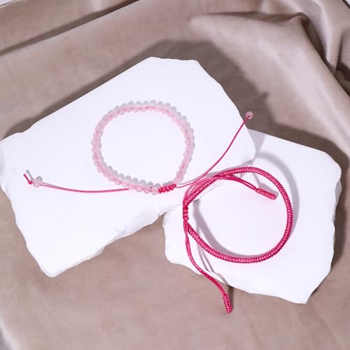 Natural Stone Healing Bracelet Tibetan Braided Style with Adjustable Rope String & Protective Energy Jewelry Gift for Womens & Men - color: Rose Quartz - Pink