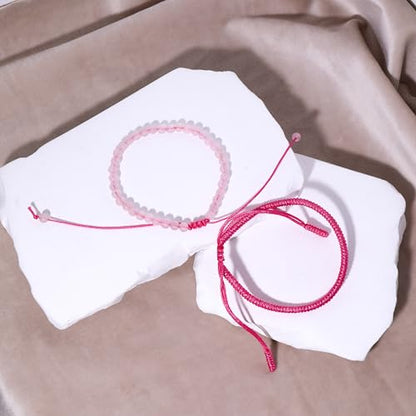 Natural Stone Healing Bracelet Tibetan Braided Style with Adjustable Rope String & Protective Energy Jewelry Gift for Womens & Men - color: Rose Quartz - Pink