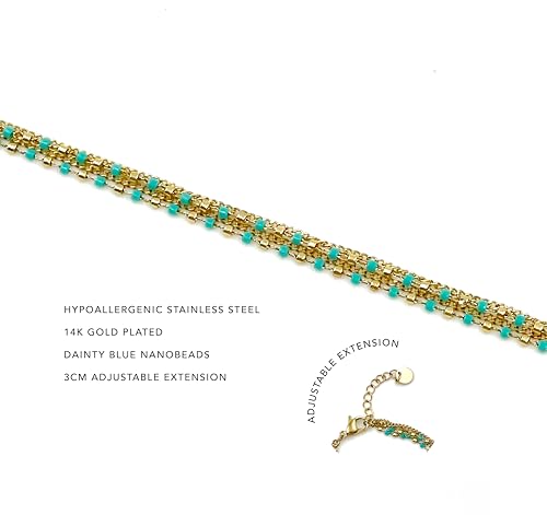 14K Gold Plated Surgical Hypoallergenic Stainless Steel Bohemian Dainty Turquoise Nanobeads Bracelet for Women