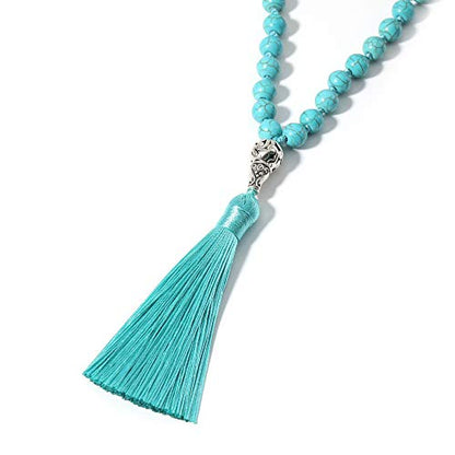 108 Mala Beads Necklace Semi-Precious Gem Stones Meditation Necklace 108 Hand Knotted Japa Mala Beaded Tassel Necklace with Tree of Life Pendant - color: Natural Turquoise