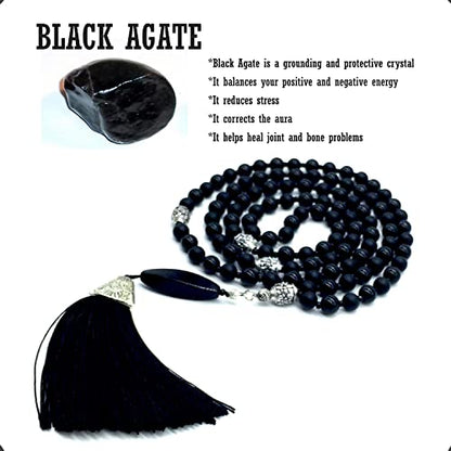 Mala Prayer Beads - Mala Necklace - Tibetan Mala Prayer Beads Meditation Beads Yoga Necklace - color: NATURAL BLACK AGATE STONE - 8MM - 108 BEADS