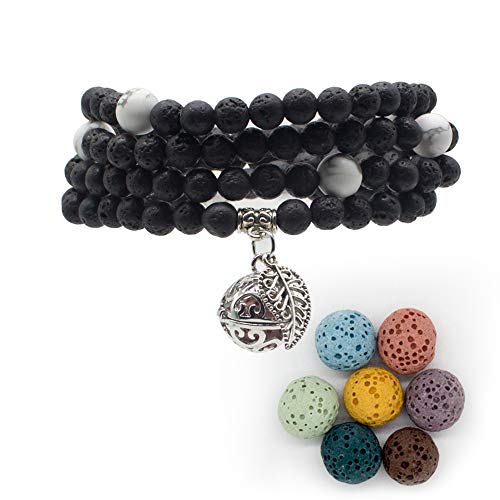 Bivei Lava Rock Stone Diffuser 108 Buddhist Mala Prayer Beads Locket Pendant Charm Wrap Buddha Bracelet Necklace