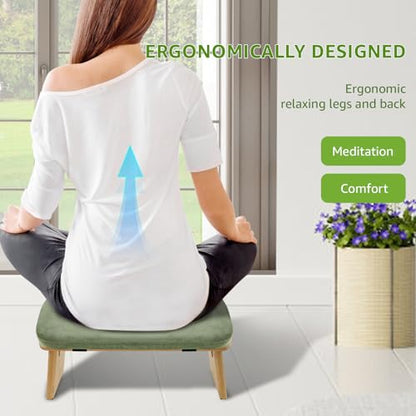 Folding Meditation Bench, Bamboo Kneeling Stool with Cushion, Portable Meditation Chair, Yoga Stool, Yoga Bench, Zen Practice, Comfortable Kneeling Chair, 16.9x7.5x7.1in (Green)
