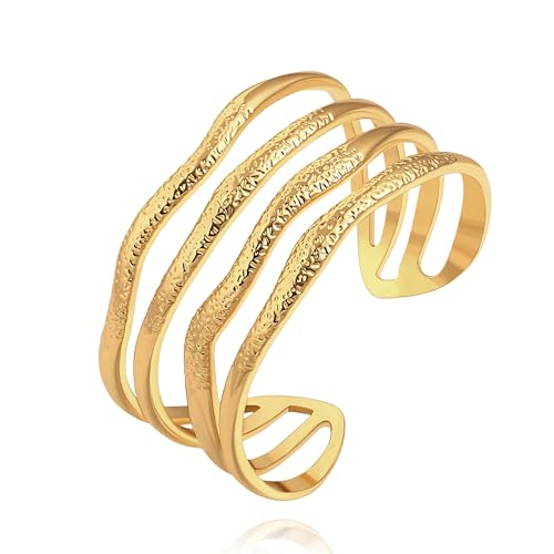 POTESSA 18K Gold Plated Cuff Bracelets Adjustable Dainty Bangle Handemade Jewelry for Women - style: Wide Wave