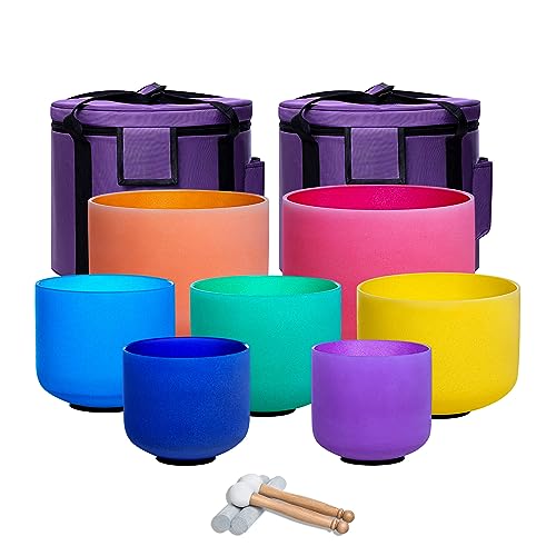 432hz Crystal Singing Bowl Healing 6-12inch Set of 7 Colored for Meditation Yoga Heart Chakra Singing Bowls Heavy Duty Carrying Case Rubber Mallet Suede Striker O ring - color: 7 Color