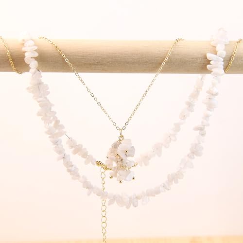 2Pcs Crystal Necklace for Women Handmade Choker Necklaces Pendant Necklace Natural Stone Gemstone Beaded Necklace 18k Gold Plated Adjustable Dainty Necklace for Women - color: Moonstone