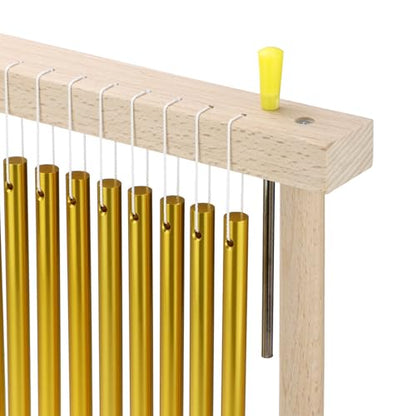 QWORK 20 Note Bar Chimes with Solid Wood Stand – Tabletop Percussion Instrument for Meditation Classroom & Yoga – Gold Tone Hand Chime with Mallet 15 Inch Single Row