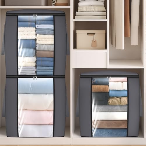 120L Extra Large Clothes Storage Bags, Foldable Blanket Storage and Organization, Thick Fabric Containers with Reinforced Handles & Zippers for Clothing, Comforters, Bedding, Gray, 1 Pack