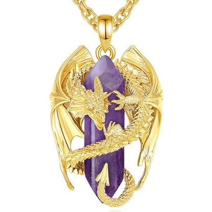 INFUSEU Unique Dragon Necklaces with Healing Crystal Stone for Men Women, Personalized Spiritual Gifts, 24 Inch Chain - color: Gold-Amethyst