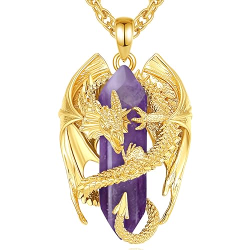 INFUSEU Unique Dragon Necklaces with Healing Crystal Stone for Men Women, Personalized Spiritual Gifts, 24 Inch Chain - color: Gold-Amethyst