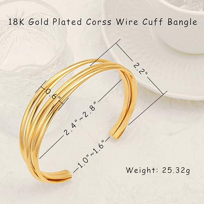 18K Gold Plated Open Cuff Bangle for Women Statement Brushed/Hammered/Textured Bracelet Layering Jewelry Love Gift for Her - style: Corss Wire Bangle