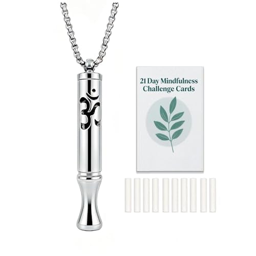 Stainless Steel Breathing Necklace with Meditation Cards, 2-in-1 Aromatherapy Necklace for Calm, Stress Support, Focus, and Urge Management for Women Men - color: Silver, style: Necklace with card