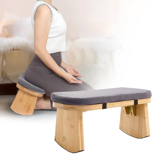Meditation Bench, Folding Meditation Chair with Cushion, Bamboo Meditation Stool with Anti-Slip Mat, Adjustable Yoga Stool with Curved Bottom Edges, Prayer Bench