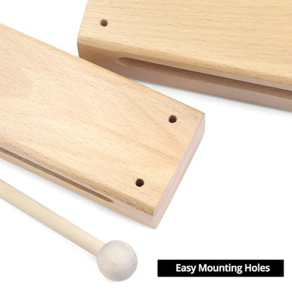 QWORK Wood Percussion Instrument Set - 2 Pack Wooden Sound Blocks with Mallets, for Concerts, Recordings & Community Bands