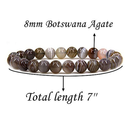 Angelstones Handmade Natural Healing Gemstone 8mm Round Beads Stretch Crystal Bracelet 7 Inch Unisex - color: Botswana Agate