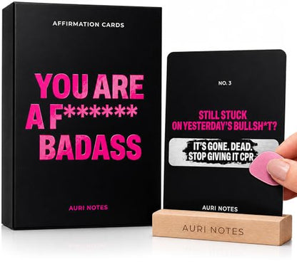 Badass Affirmations for Women, Scratch-Off Daily Affirmation Cards 4x5 Inch — 52 Bold, Unique Sweary Affirmations with Premium Gift Box and Wooden Stand — Funny Motivational Friend, Sister Gift