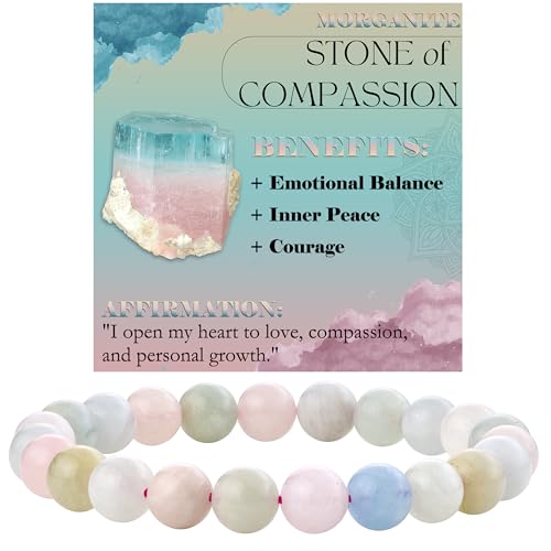 Bivei 8mm Beaded Bracelets for Women Handmade Semi Precious Natural Stone Stretch Elastic Jewelry Yoga Protection Gifts - color: Morganite - Compassion, size: Medium 6.8-7.3 inch
