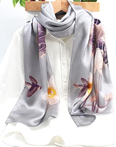 100% Mulberry Silk Long Scarf for Women Large Shawls for Headscarf and Neck- Oblong Hair Wraps with Gift Packed - color: Lotus Pond-light Grey