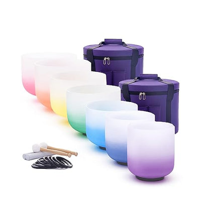 KVKA 432Hz 6-12" Set of 7 pcs Aria Colored Quartz Crystal Singing Bowl Sound Healing Tuned Bell with Carrying Case