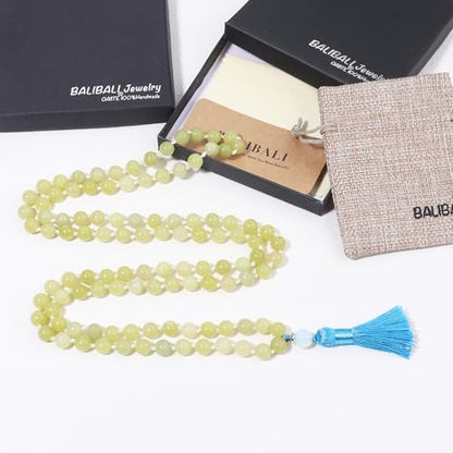8MM Beads Chakra Long Mala Necklace Natural Stone Meditation Statement Necklace Japa Yoga Buddhist Rosary Prayer Charm Beaded Tassel Necklace - color: Lemon Jade