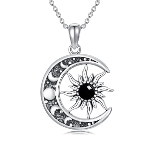 Sun and Moon Necklace 925 Sterling Silver Sun Moon Pendant Gemstone Jewelry Gifts for Women - style: Black Onyx