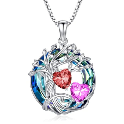TOUPOP s925 Sterling Silver Family Celtic Tree of Life Pendant Necklaces with 2 Heart Birthstone with Blue Austrian Crystal Jewelry Birthday Valentines Day Gifts for Her, Anniversary Christmas Gifts for Wife Girlfriend Mom (18K Real White Gold Filled) - c