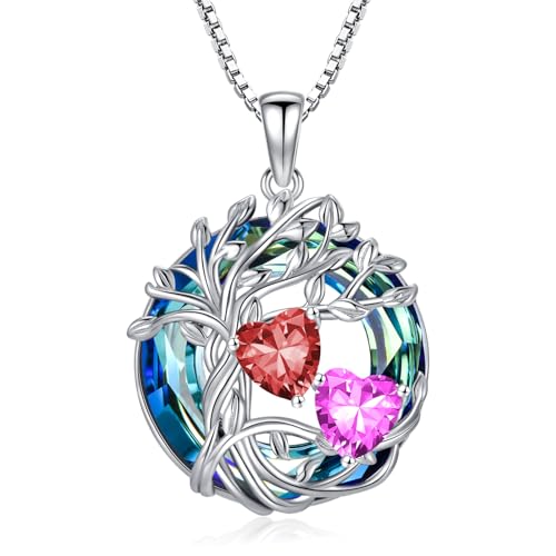TOUPOP s925 Sterling Silver Family Celtic Tree of Life Pendant Necklaces with 2 Heart Birthstone with Blue Austrian Crystal Jewelry Birthday Valentines Day Gifts for Her, Anniversary Christmas Gifts for Wife Girlfriend Mom (18K Real White Gold Filled) - c