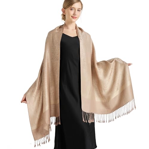 Silky Paisley Pashmina Shawl Scarf-Women's Soft Double-side Jacquard Pashminas Wrap for Evening Dress Travel Shawl - color: A-beige Taupe