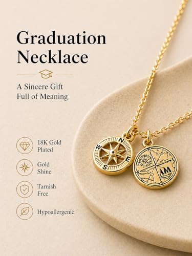 Zealmer Dainty 18K Gold Plated Compass World Map Pendant Necklace Graduation Gift for Friends - style: Compass