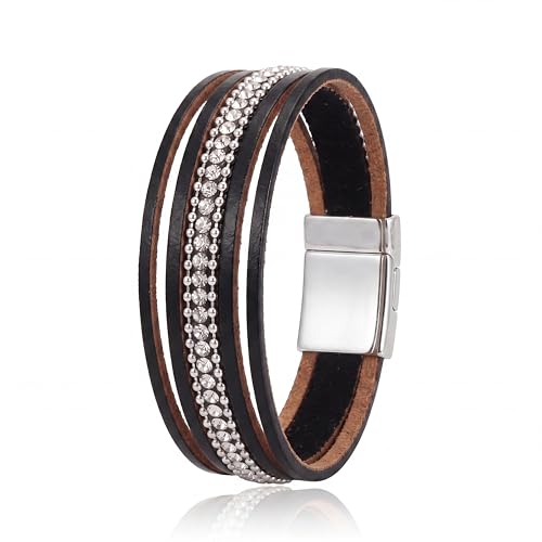 Edoneery Leather Wrap Bracelet for Women, Boho Handmade Multi-Layer Cuff with Crystal Beads Heart, Stackable Bangle Western Jewelry Gift - style: Rhinestone(Black)