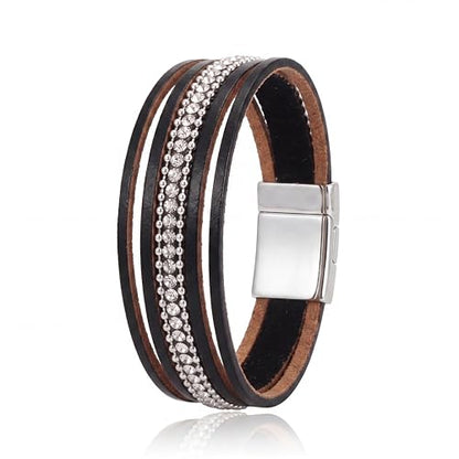 Edoneery Leather Wrap Bracelet for Women, Boho Handmade Multi-Layer Cuff with Crystal Beads Heart, Stackable Bangle Western Jewelry Gift - style: Rhinestone(Black)