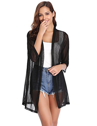 iClosam Women Casual 3/4 Sleeve Sheer Open Front Cardigan Sweater Kimono - color: Black, size: Small
