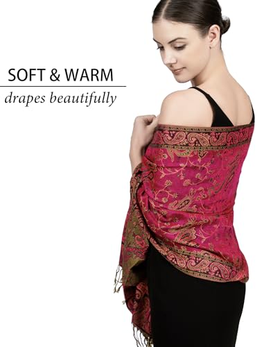 Achillea Reversible Paisley Pashmina Rave Scarf – Exotic Indian Shawls and Wraps for Evening Dresses, Festivals, All Seasons - color: Fuchsia