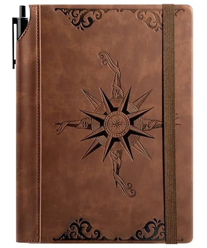 CAGIE Compass Leather Notebook Journal for Men, 100 GSM 288 Pages Lined Journals for Writing, A5 Hardcover Journaling Notebooks Gift Set with Pen for Travel Office Daily Writing - color: Brown