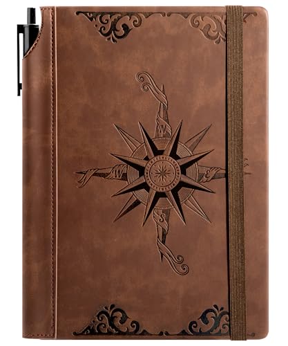CAGIE Compass Leather Notebook Journal for Men, 100 GSM 288 Pages Lined Journals for Writing, A5 Hardcover Journaling Notebooks Gift Set with Pen for Travel Office Daily Writing - color: Brown