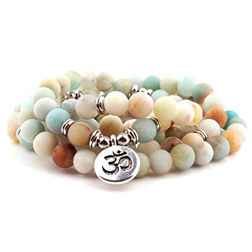 8mm 108 Mala Beads Wrap Bracelet Necklace for Yoga Charm Bracelet Natural Gemstone Jewelry for Women Men - color: OM Matte Amazonite Stone