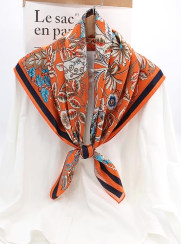 100% Pure Mulberry Silk Scarf 35" Large Square Lightweight Headscarf –Women’s Hair Wraps-With Gift Packed - color: Floral-orange