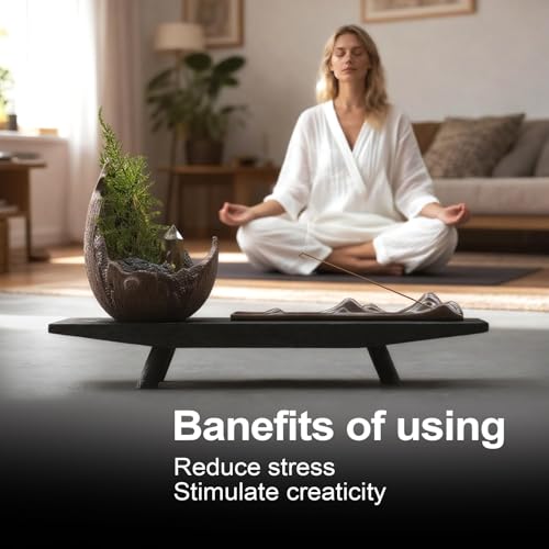 Moonlit Mountains Décor Set – Zisha Crescent Planter, Dehua Mountain Incense Holder, Paulownia Wood Tray, Citrine & Fern – Meditation, Feng Shui, Mindfulness Gift for Home & Office - style: Moonlit Mountains
