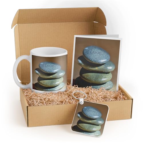 3dRose Mindfulness Gift Set: Mug, Keychain, Inspirational Card & Stacked Polished Stones for Yoga Enthusiasts & Stress Relief