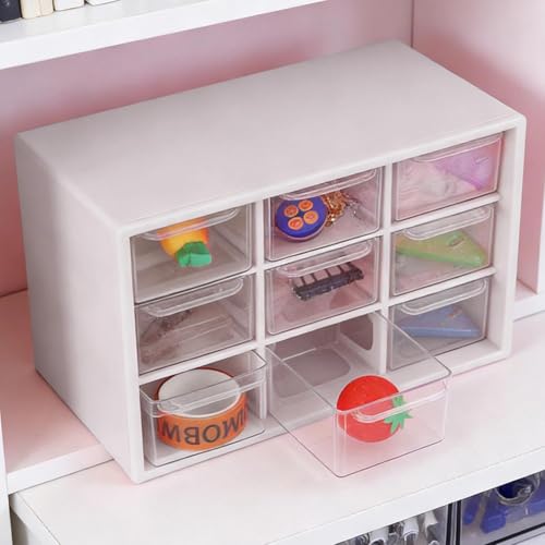 9-Grid Drawer Storage Box, Compact Jewelry Organizer Box for Desk, Multi-Function Storage with Clear Drawers for Office Home and Craft Supplies - color: white